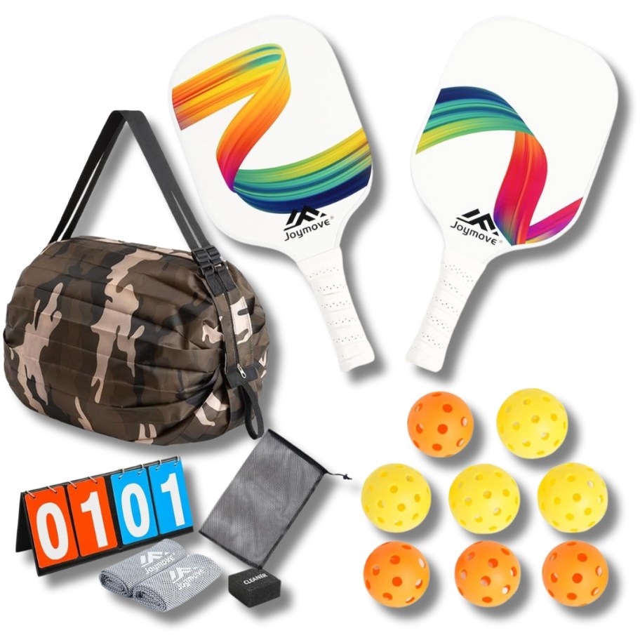 white pickleball paddles with rainbow color stripes, camo carry bag and pickle balls and accessories