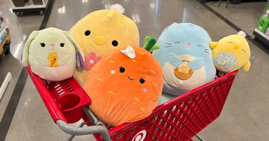 Target shopping cart full of Easter Squishmallows