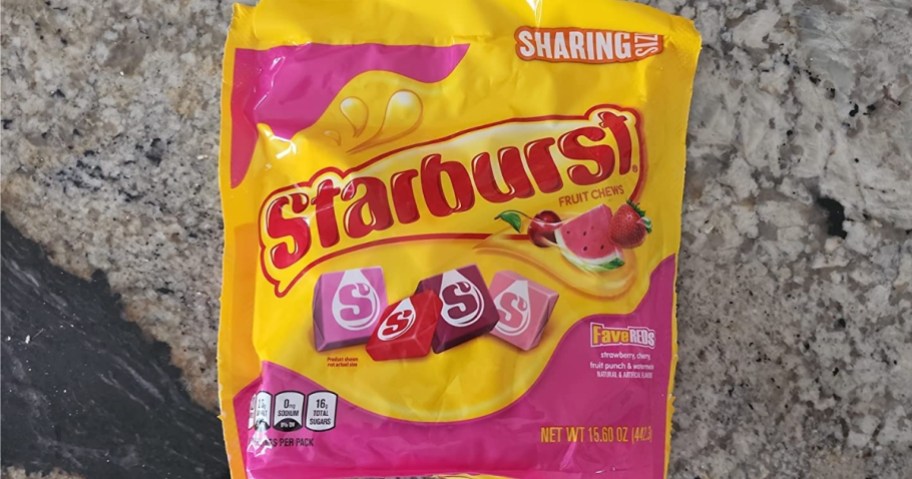 bag of Starburst FaveREDS Fruit Chews on counter
