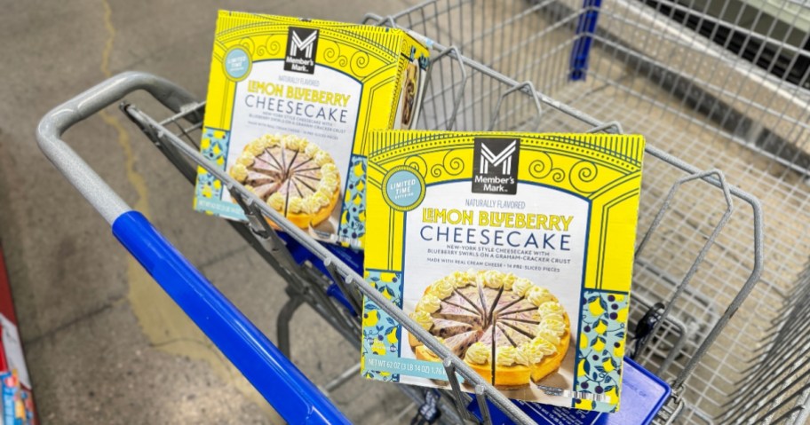 2 lemon blueberry cheesecakes in the box in a Sam's Club cart