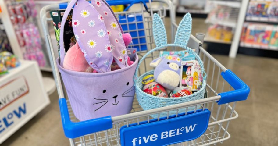 Easter Baskets filled with candy, toys and more in a Five Below shopping cart