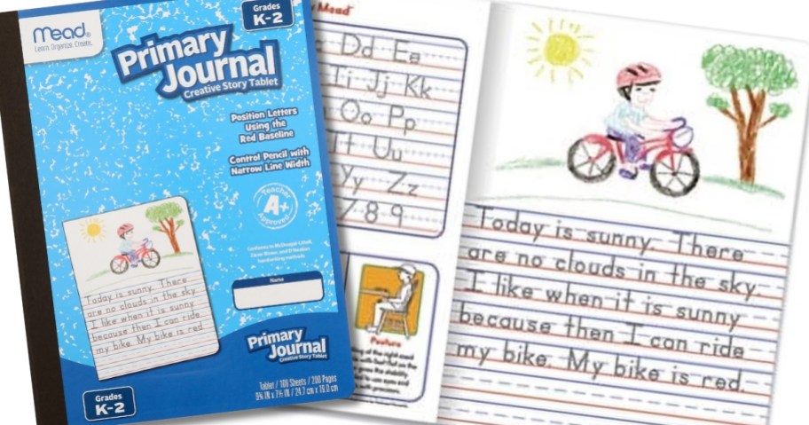 blue and white Mead primary journal laying on top of an open journal showing kid's drawing and handwriting