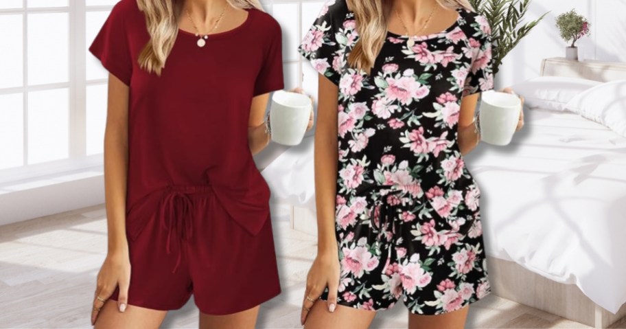 women wearing pajama shorts and tops sets, 1 solid burgundy, 1 pink, red and white flowers on black