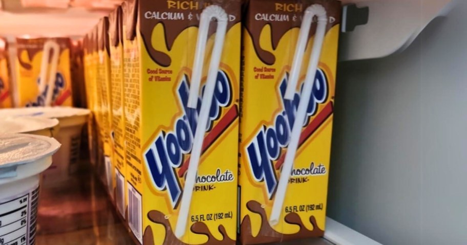 several Yoo-Hoo chocolate drink boxes on shelf