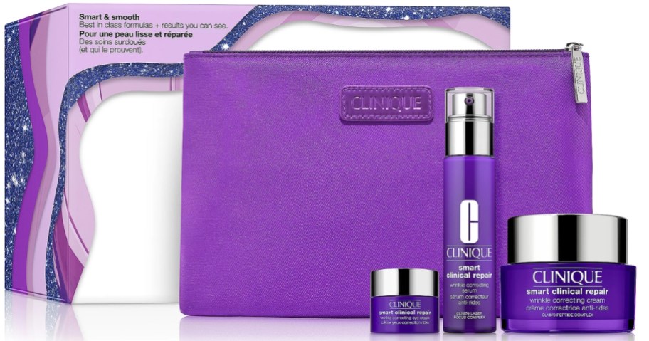 Clinique Smart & Smooth Anti-Aging Skincare Set with a purple cosmetic bag and the box the set comes in