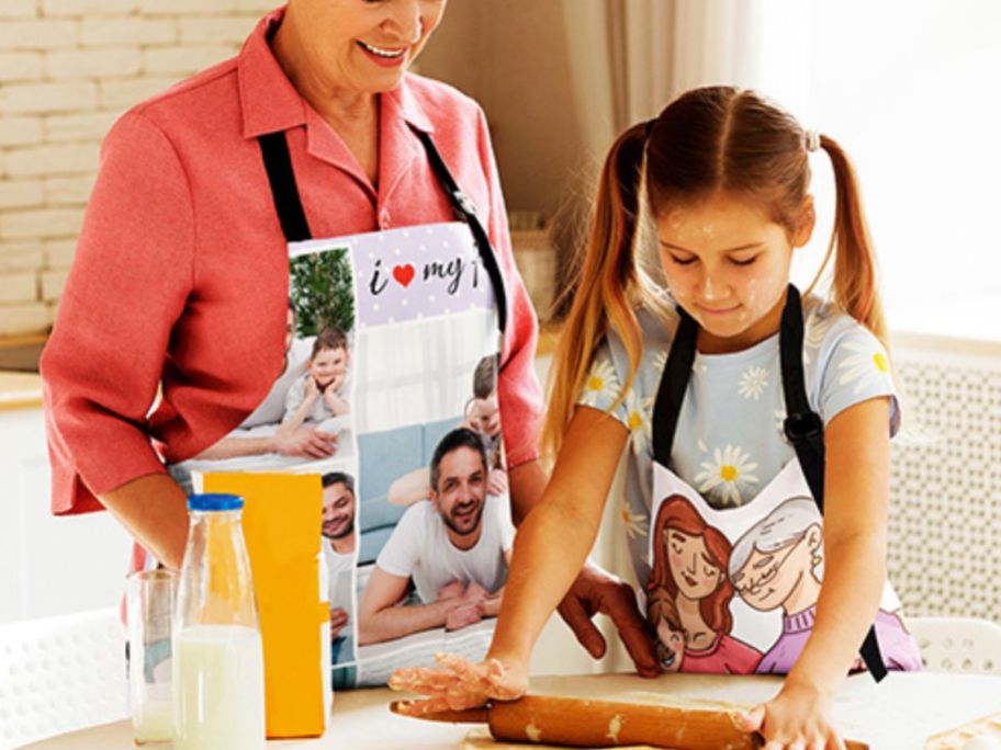 gramma and little girl wearing custom photo aprons and baking together