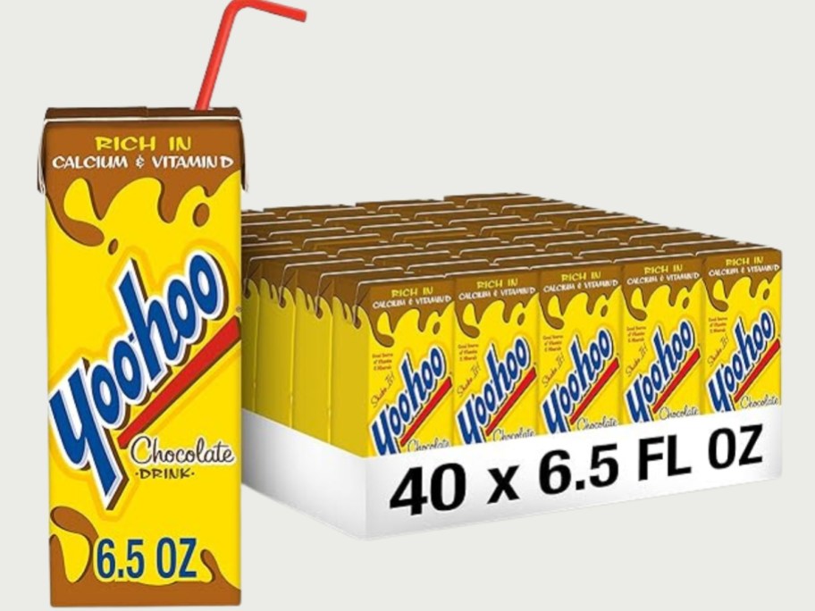 Yoo-Hoo box drink in front of a carton of 40 of them