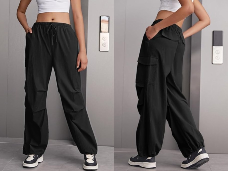 woman wearing black parachute cargo pants showing the front and back