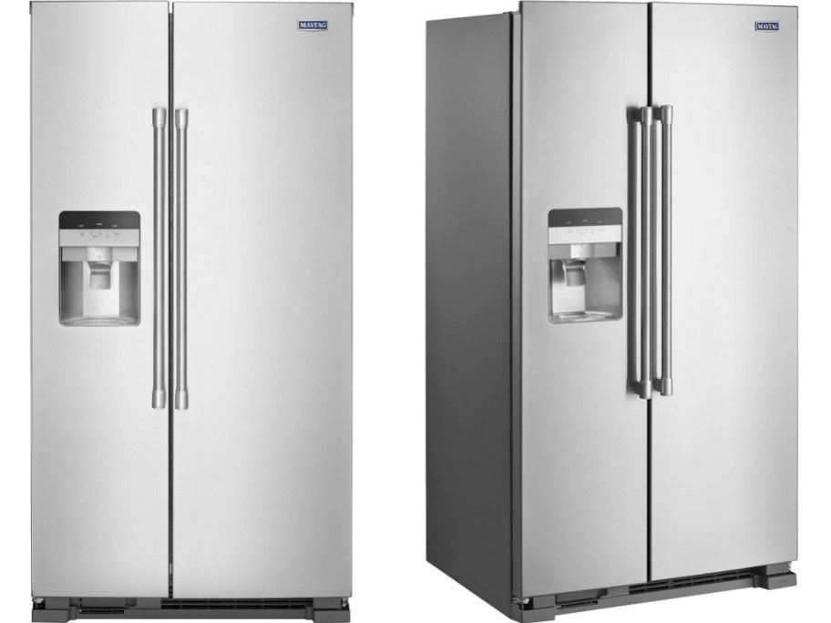 maytag stainless steel side by side fridge shown from 2 angles