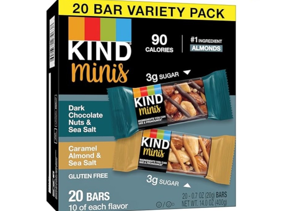 teal color box of Kind Mini bars 20 count