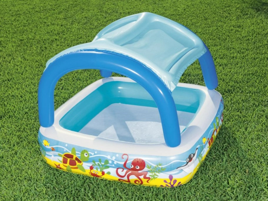 inflatable kiddie pool with covering, sea creatures on the sides