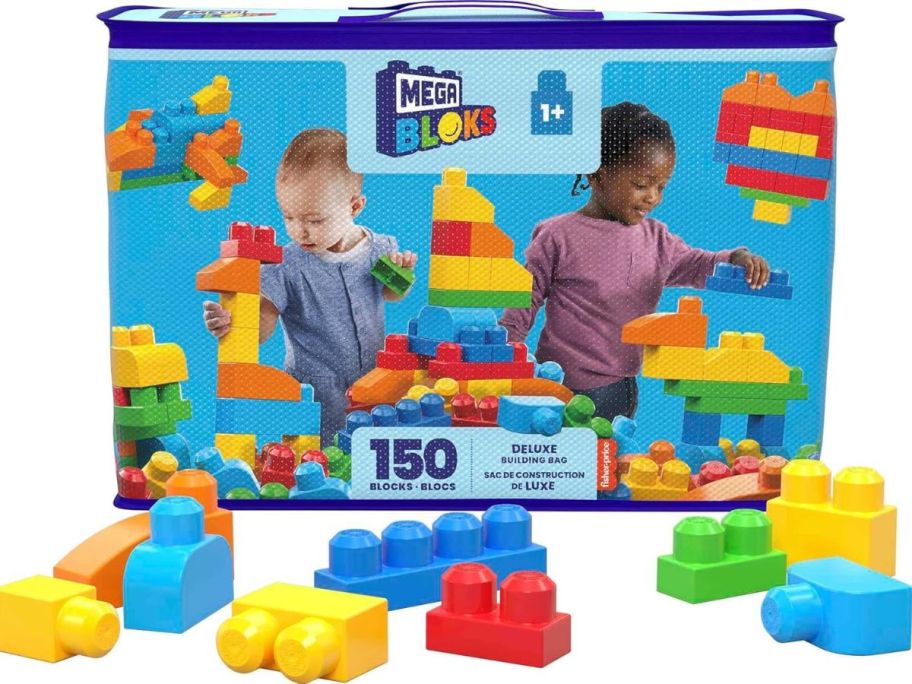 large blue bag of MEGA Bloks kids building block toys with some in front in various colors