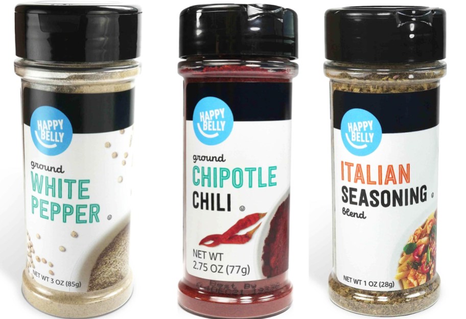 bottles of white pepper, chipotle chili, and Italian seasoning