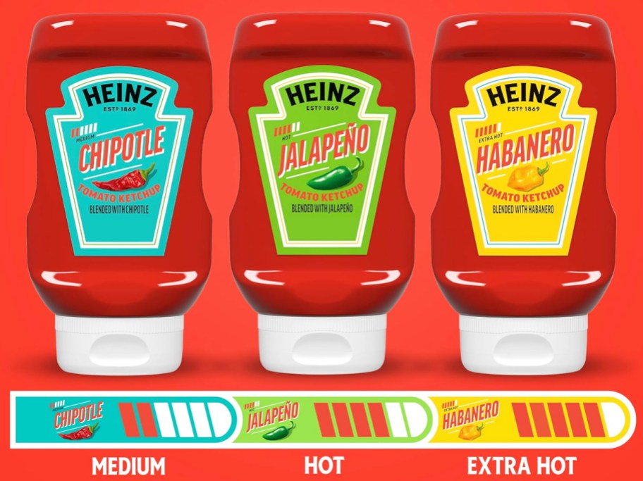 three bottles of Heinz Spicy Ketchup with spice meter below them
