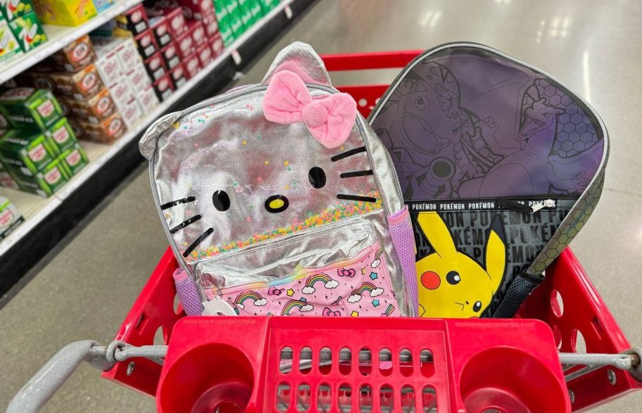 Hello Kitty and Pokemon Backpacks in a Target cart