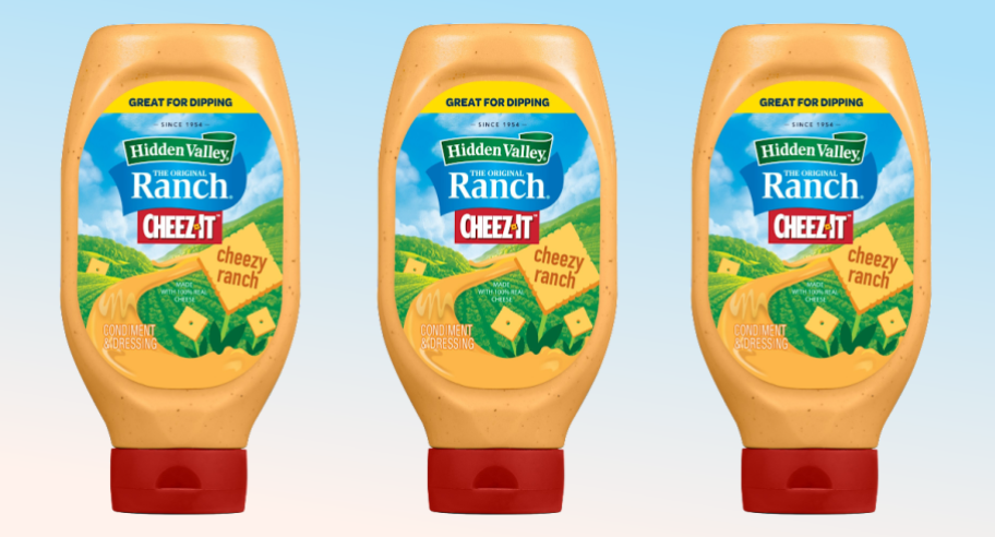 Three bottles of Hidden Valley Cheezy Ranch dressing, a collaboration between Cheez-It and Hidden Valley Ranch