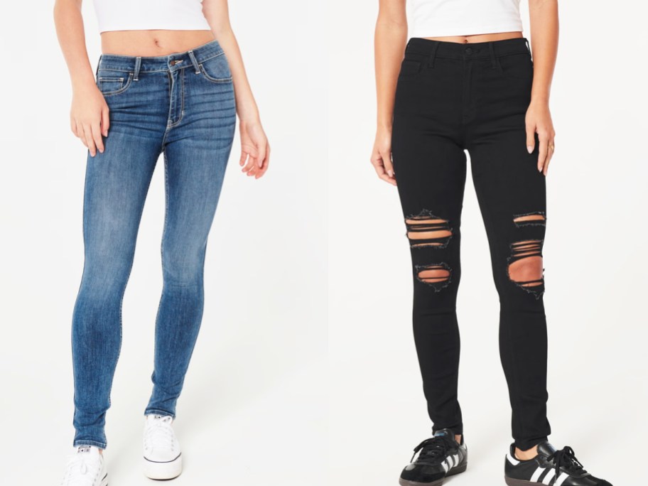 women in medium wash and black skinny jeans