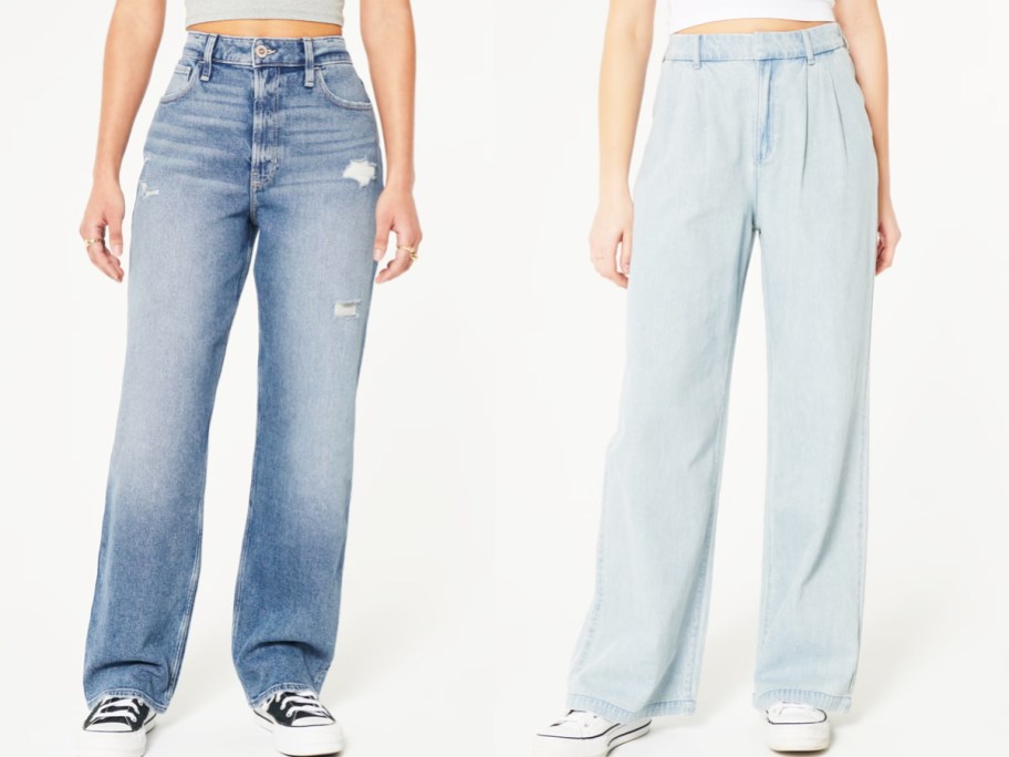 two women in light wash flare jeans