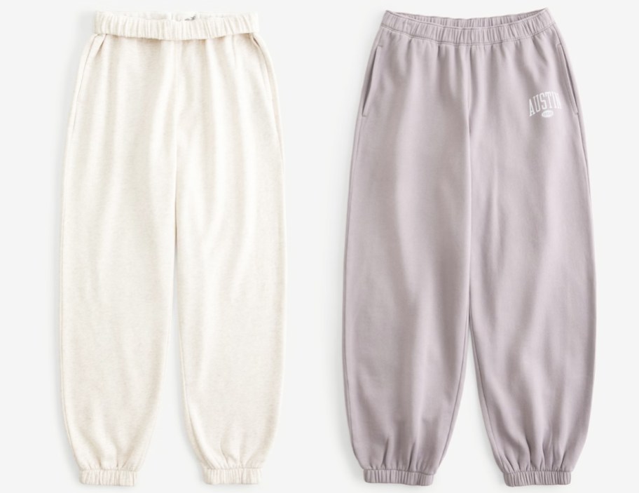 white and light purple pairs of joggers