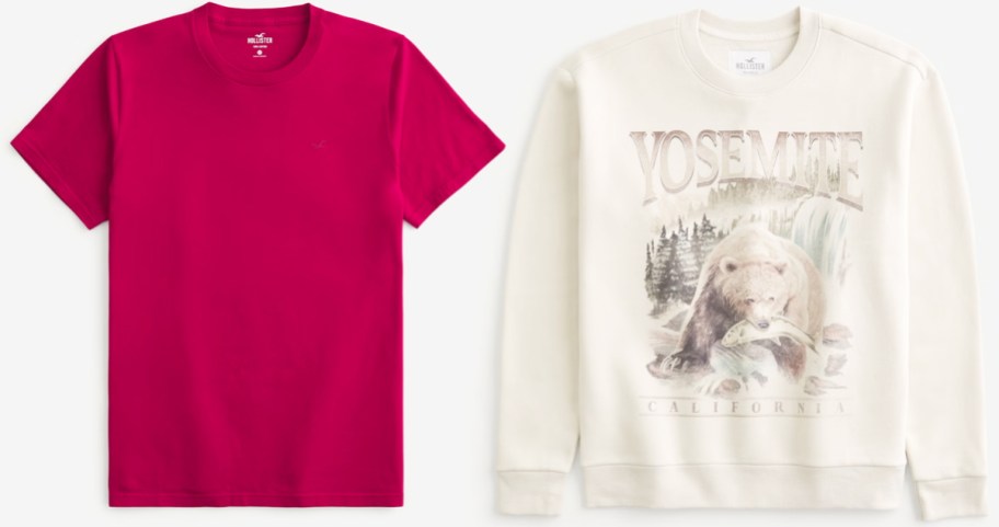 dark pink t-shirt and white yosemite graphic tee