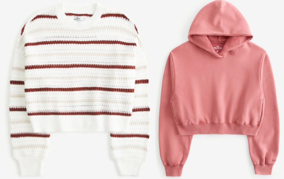 white striped sweater and pink cropped hoodie