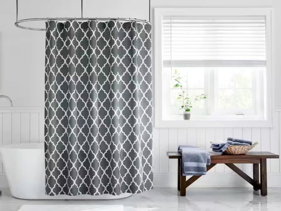 grey and white trellis print shower curtain