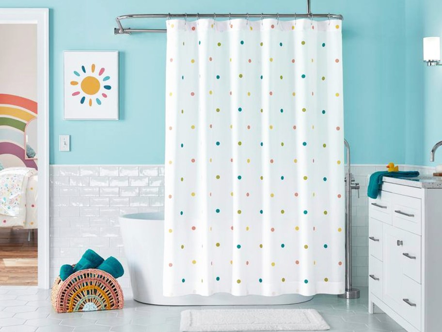 polka dot shower curtain in bathroom