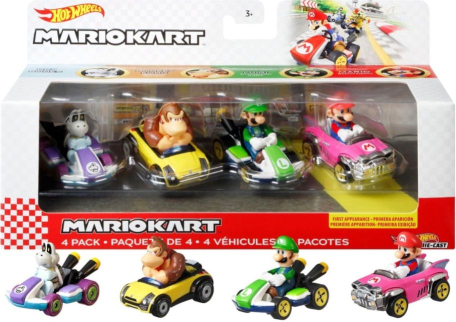 a 4 pack of mario kart hot wheels cars on white background