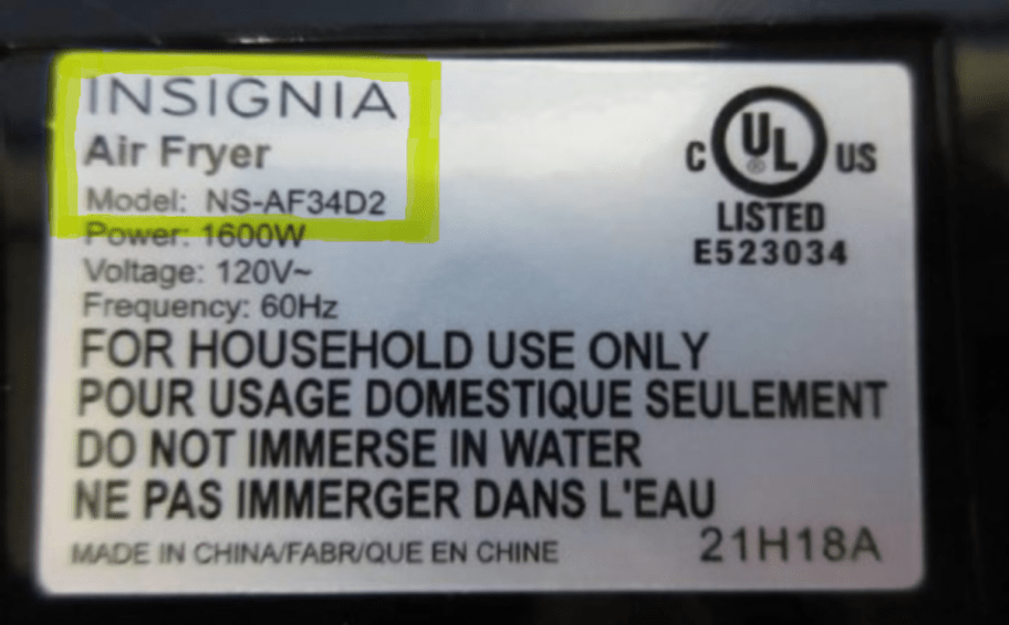 Insignia air fryer product label showing the model number of the unit