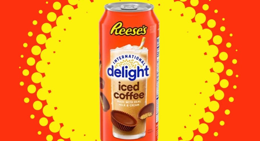 International Delight Reese's Iced Coffee displays in front of an orange and yellow background
