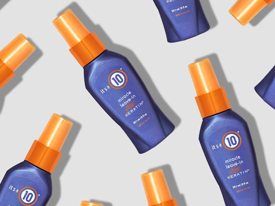 blue and orange bottles of It's a 10 Miracle Leave-In Plus Keratin spray
