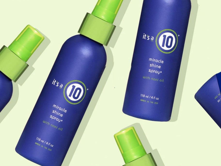 blue and green bottles of It's a 10 Miracle Shine Spray