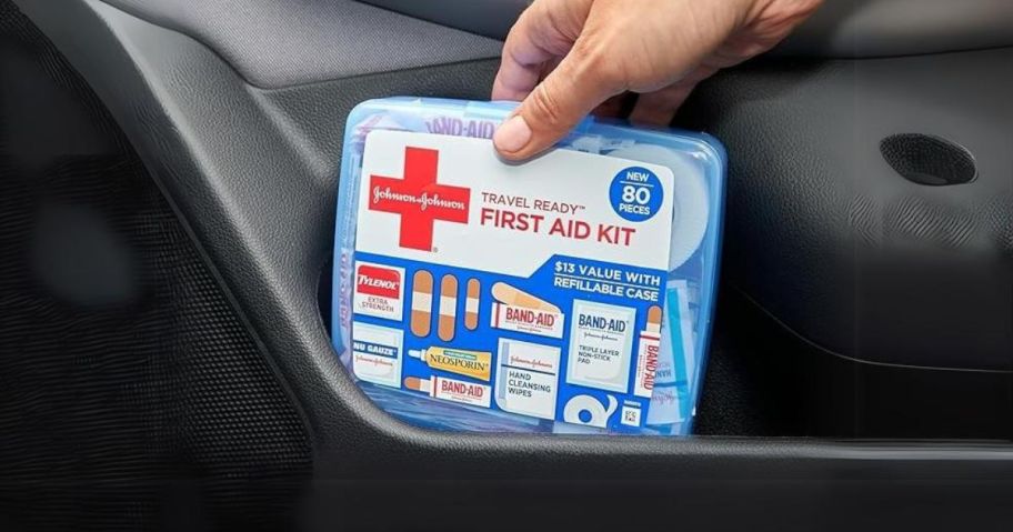 Johnson & Johnson Travel-Ready 80-Piece First Aid Kit in car door