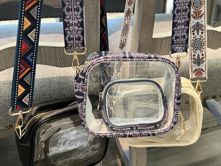 three clear crossbody bags with matching pouches inside