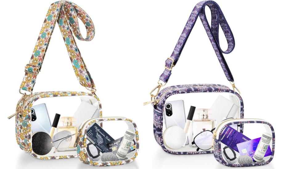 two clear crossbody bags with matching pouches