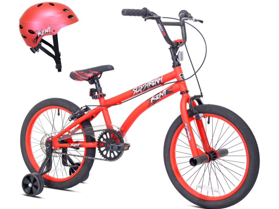 red kids bike with matching helmet