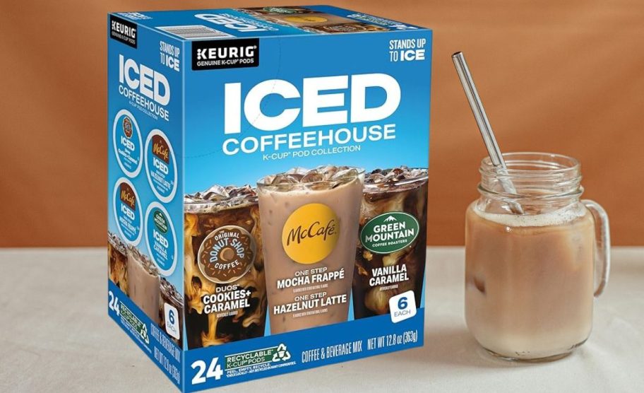 Keurig Iced Coffee, Single-Serve K-Cup Pods Variety Pack, 24 Count next to an iced coffee on counter