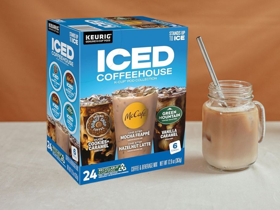 Keurig Iced Coffee, Single-Serve K-Cup Pods Variety Pack, 24 Count next to an iced coffee on counter