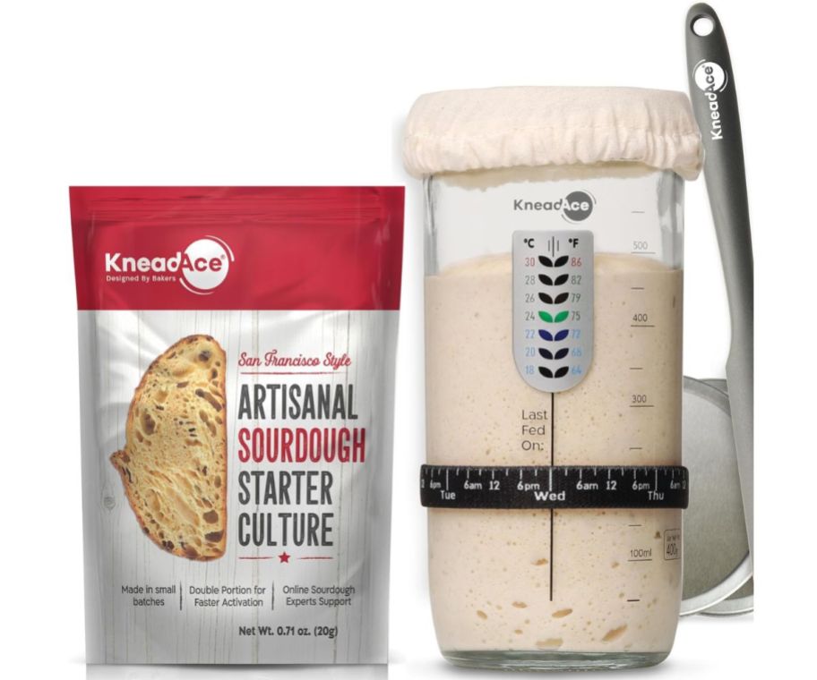 kneadace starter jar and bread and bread starter pouch on white background
