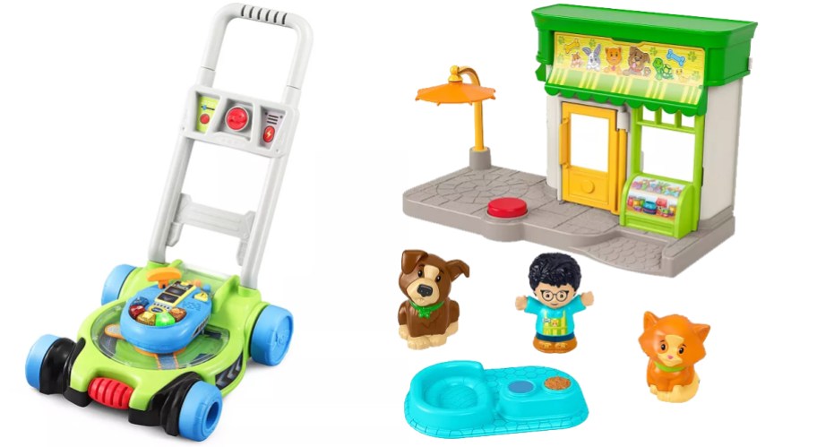 VTech Pop & Spin Mower and Little People Treat Time Pet Shop toys