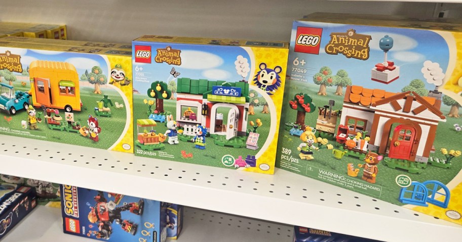 boxes of animal crossing lego sets on store shelf