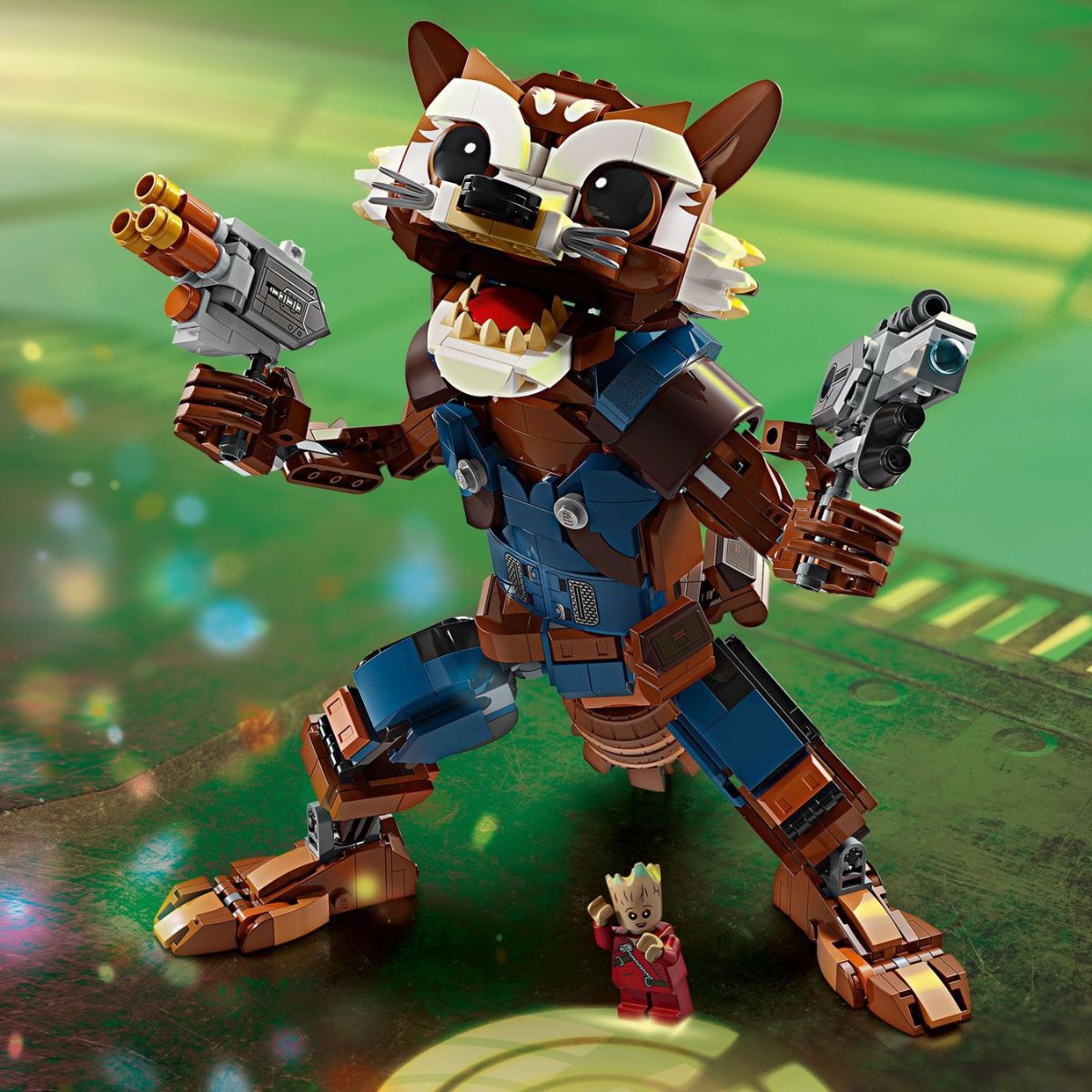 Marvel rocket raccoon building set with rocket armed with blasters and a baby froot minifigure