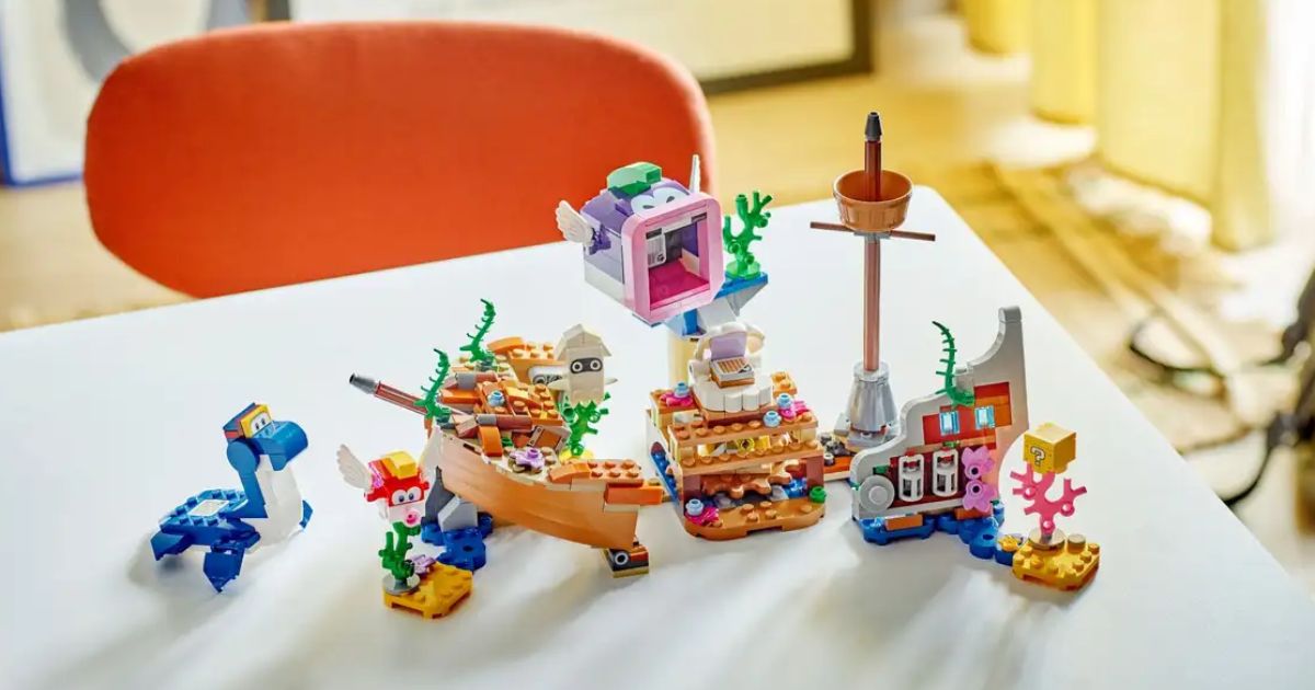 An assembled lego mario set featuring a shipwreck