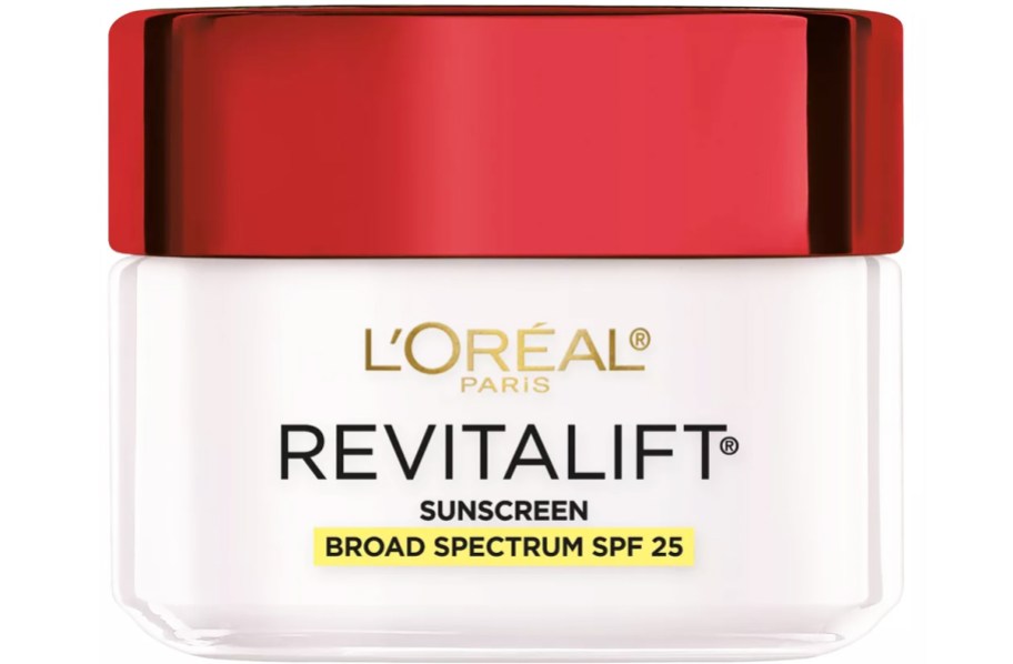 white jar of L'Oreal Paris Revitalift Anti-Wrinkle + Firming Day Cream with red lid