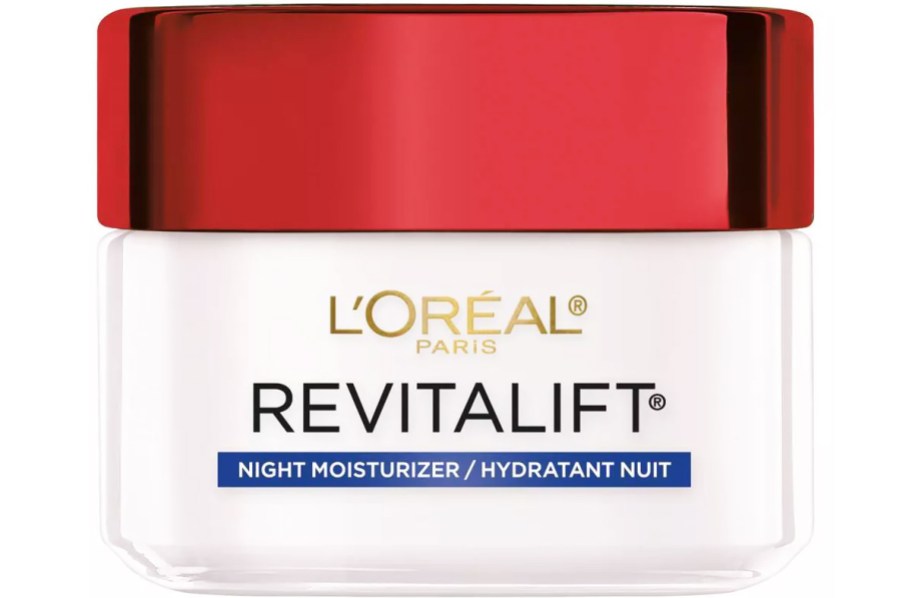 white jar of L'Oreal Paris Revitalift Anti-Wrinkle + Firming Night Cream with a red lid