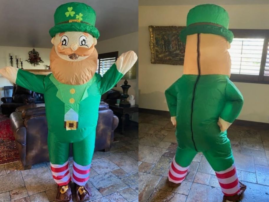 Front and back view of a person wearing an inflatable leprechaun costume