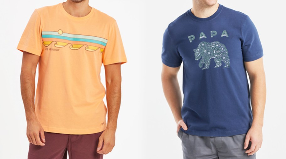 two men in orange and blue graphic tees