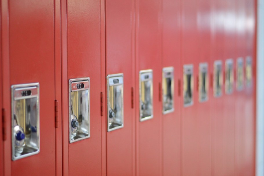 a row of red high school lockers