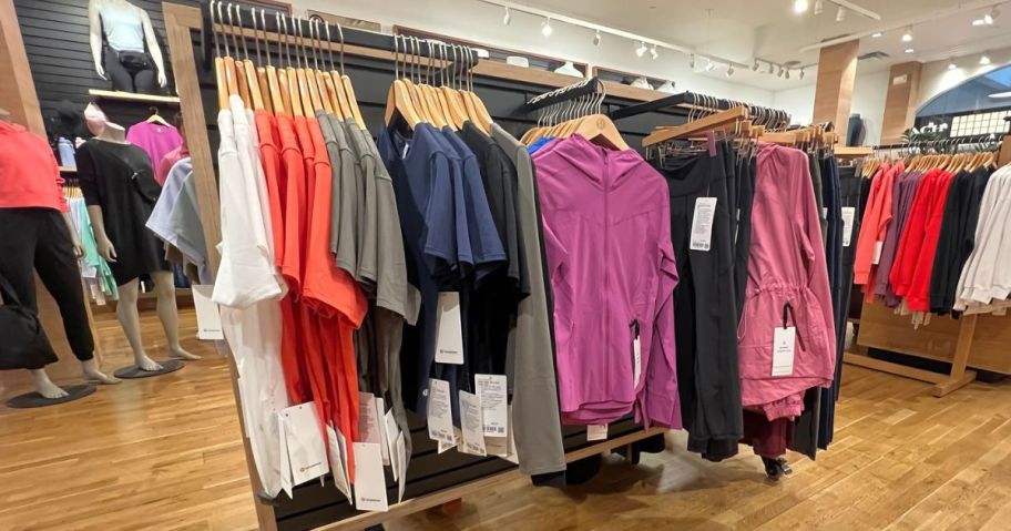 A rack of women's clothing at a lululemon store