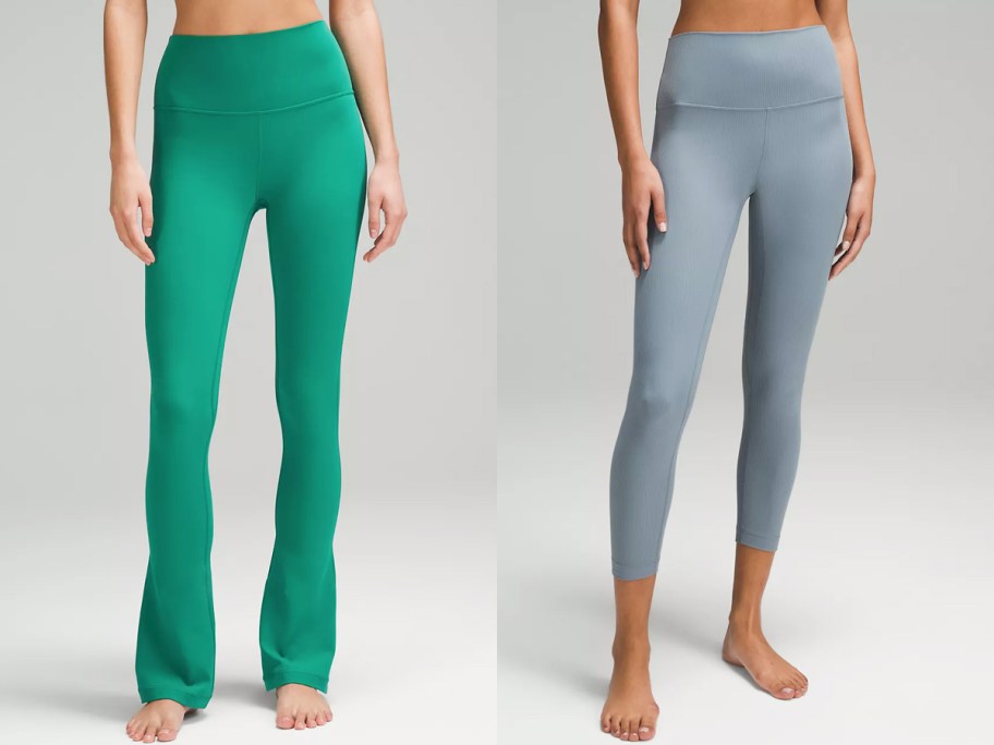 women in green yoga pants and blue cropped leggings